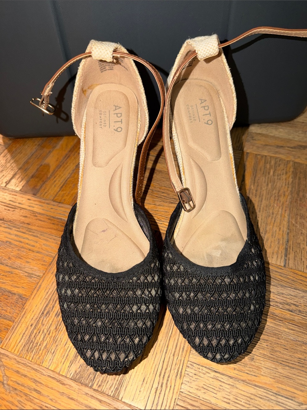 Apt. 9 Black Woven Pointed-Toe Wedges with Brown Ankle Strap